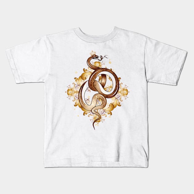 golden snake ornament with golden crown Kids T-Shirt by Kisho